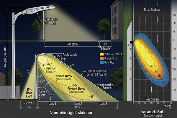 A diagram showing precise asymmetric light distribution from a street light